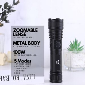 MZ M983 (ZOOMABLE METAL)5 Modes Flashlight, Super Bright 100W Light Torch (Black, 16.5 cm, Rechargeable)